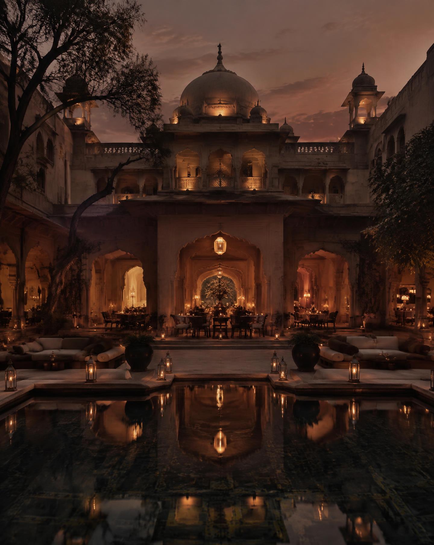 Still water at dawn reflecting a palace and an open sky