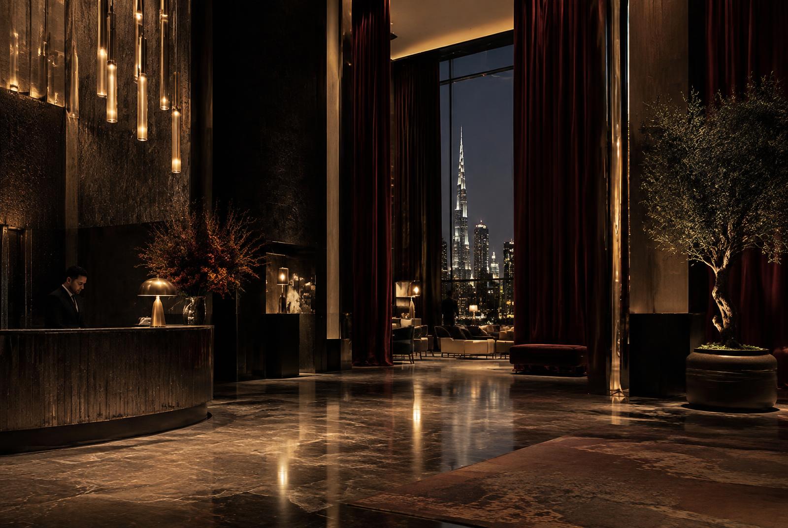 A refined hotel lobby in warm evening light